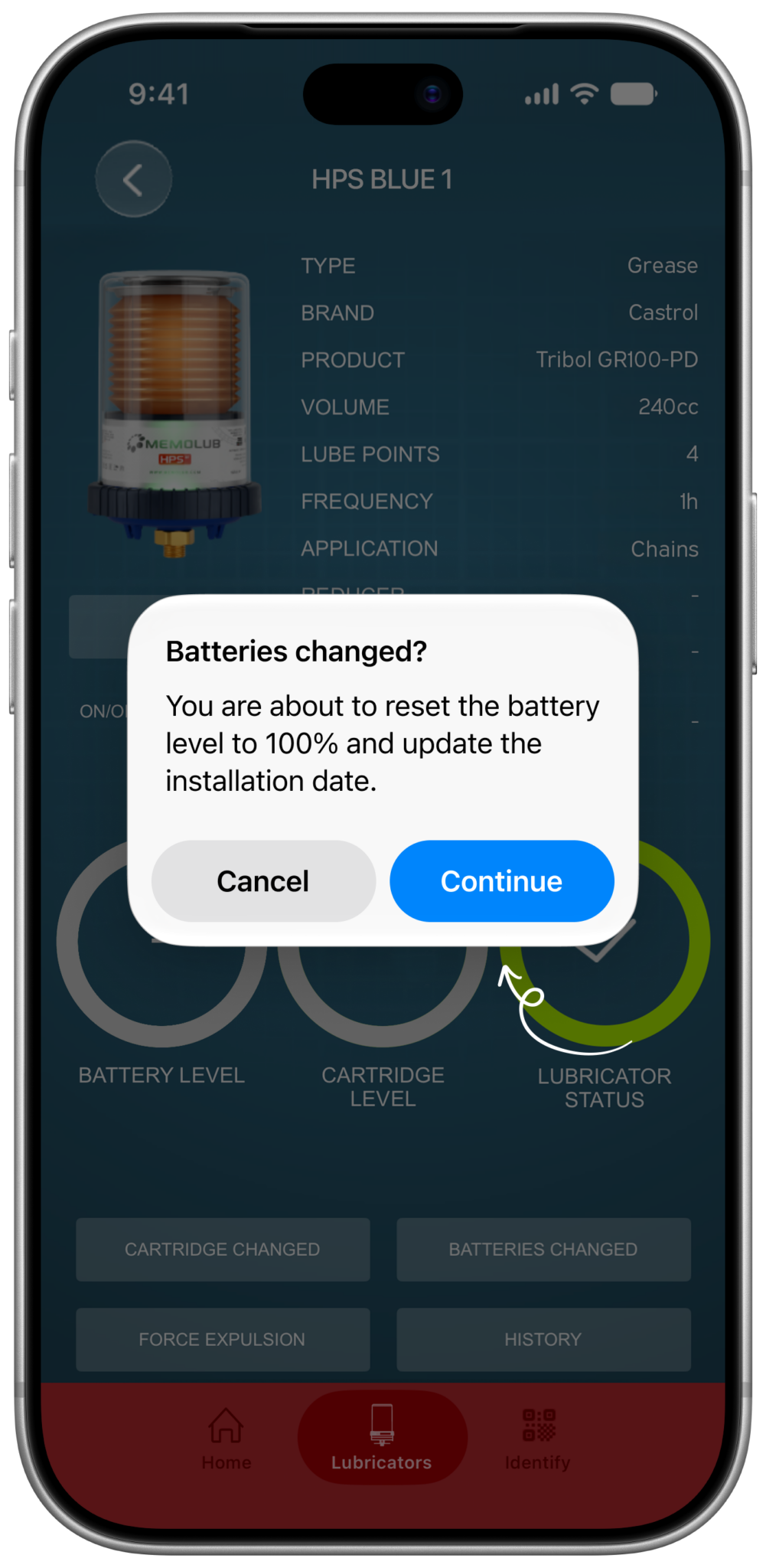 Memolub App Confirm Battery Changed