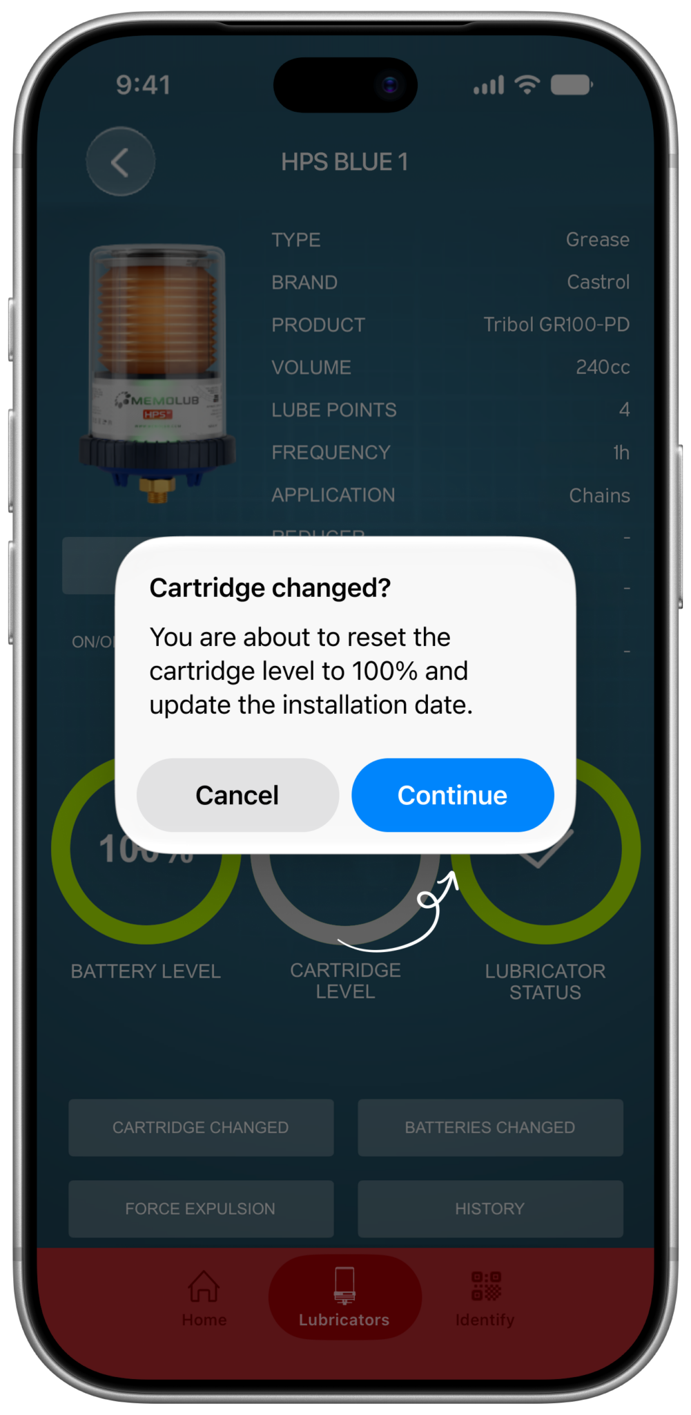 Memolub App Confirm Cartridge Changed